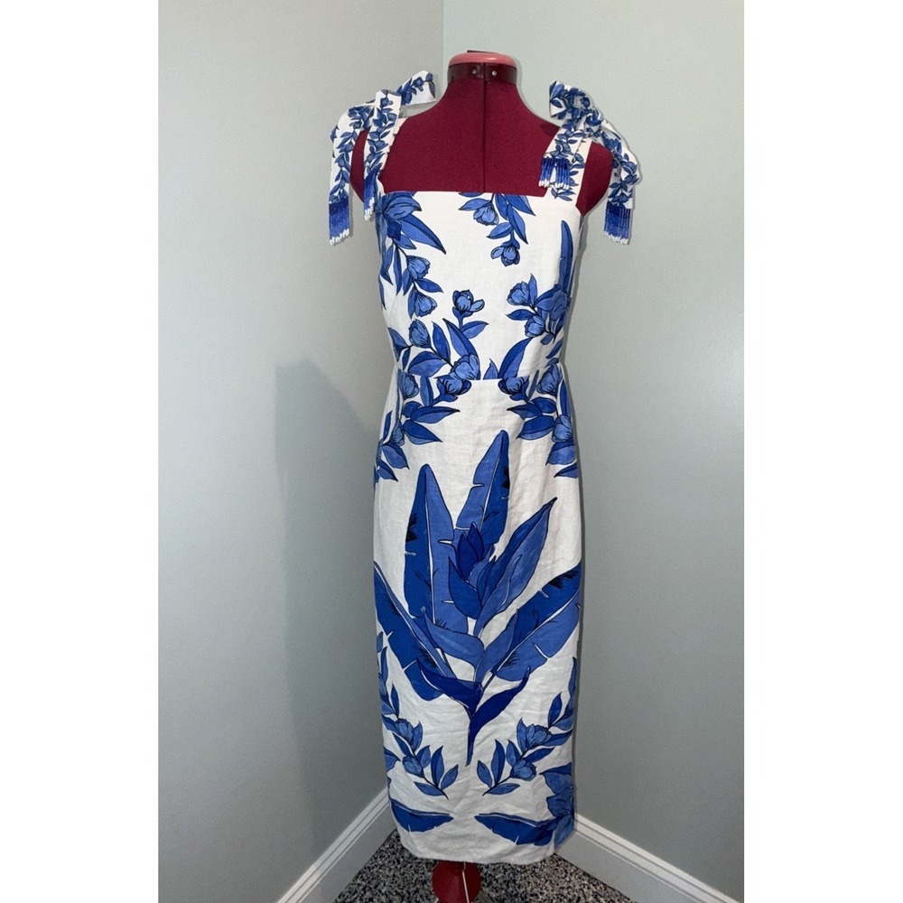Calypso St Barth Blue White M Beaded Tie Straps Spring Wedding Guest Midi Dress - Picture 1 of 15